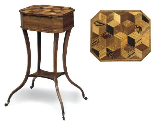 A VICTORIAN ROSEWOOD LINE INLAID AND SPECIMEN PARQUETRY WORK TABLE