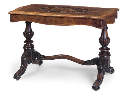 A VICTORIAN BURR WALNUT, TULIPWOOD CROSSBANDED AND MARQUETRY SERPENTINE CENTRE TABLE