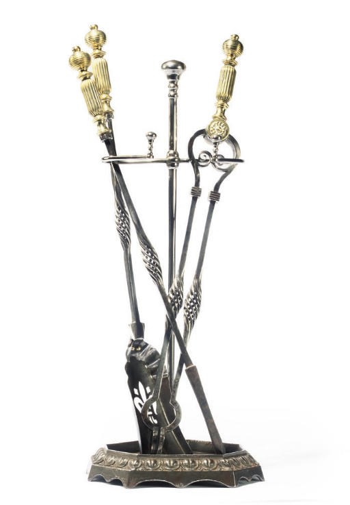 A SET OF THEE ARTS AND CRAFTS BRASS AND STEEL FIRE IRONS