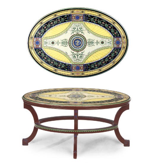 A POLYCHROME DECORATED OVAL TABLE TOP