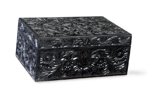 A CEYLONESE CARVED EBONY AND IVORY INLAID WORK BOX