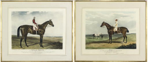 A PAIR OF COLOURED AQUATINTS OF THE RACES HORSES 'THE MERRY MONARCH' AND 'EBOR'