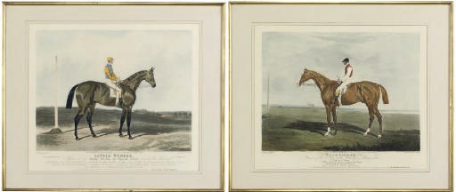 A PAIR OF COLOURED AQUATINTS OF THE RACES HORSES 'LITTLE WONDER' AND 'VELOCIPEDE'