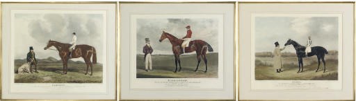 THREE COLOURED AQUATINTS OF THE RACES HORSES 'JERRY', 'BIRMINGHAM' AND 'HARKAWAY'