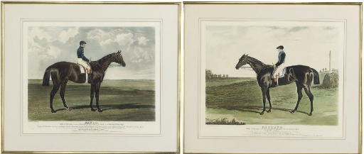 A PAIR OF COLOURED AQUATINTS OF THE RACES HORSES 'MANGO' AND 'CADLAND'