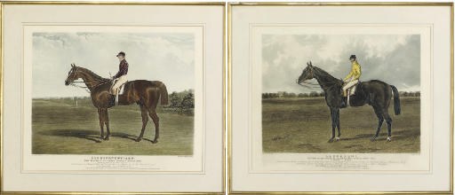 A PAIR OF COLOURED AQUATINTS OF THE RACES HORSES 'PLENIPOTENTIARY' AND 'LAUNCELOT'