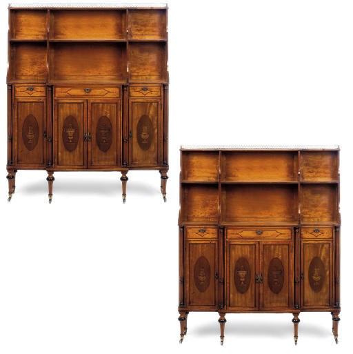A PAIR OF LATE VICTORIAN SATINWOOD AND MARQUETRY BREAKFRONT SIDE CABINETS