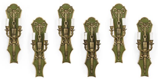 A SET OF SIX GILT-BRONZE TWIN-LIGHT WALL APPLIQUES