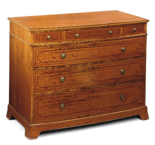 A LATE VICTORIAN SATINWOOD AND MARQUETRY BOWFRONT COMMODE