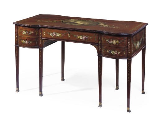 AN EDWARDIAN POLYCHROME DECORATED MAHOGANY DRESSING TABLE