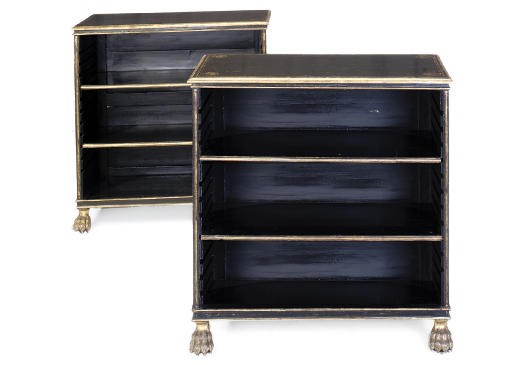 A PAIR OF EBONISED AND PARCEL GILT OPEN BOOKCASES