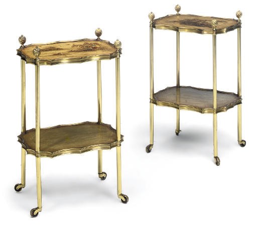 A PAIR OF BRASS, GRAINED AND GILT JAPANNED TWO-TIER ETAGERES