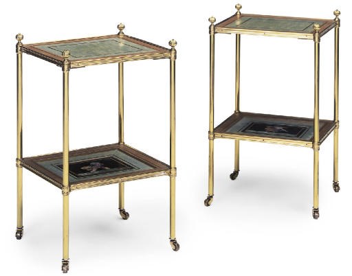 A PAIR OF GILT-BRASS PIETRA DURA MOUNTED AND DECORATED TWO TIER ETAGERES