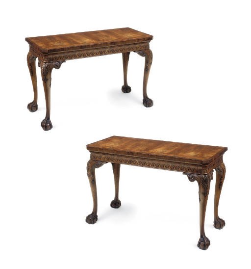A PAIR OF MAHOGANY, WALNUT AND YEW WOOD CROSSBANDED SIDE TABLES