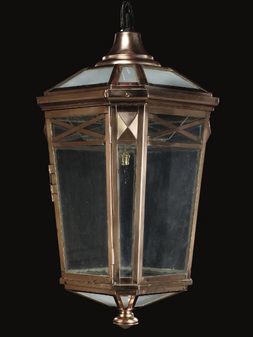 A GLAZED COPPER AND BRASS HALL LANTERN