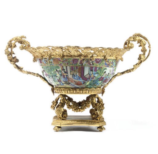 A FRENCH GILT-BRONZE MOUNTED CANTONESE PORCELAIN BOWL