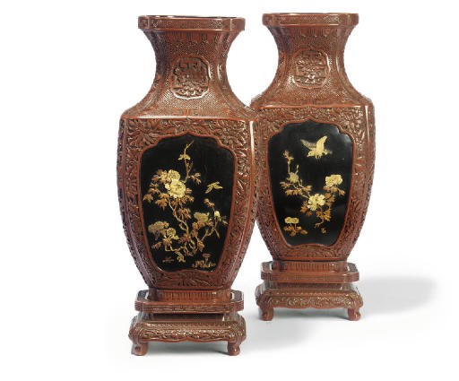 A PAIR OF JAPANESE RED LACQUER VASES