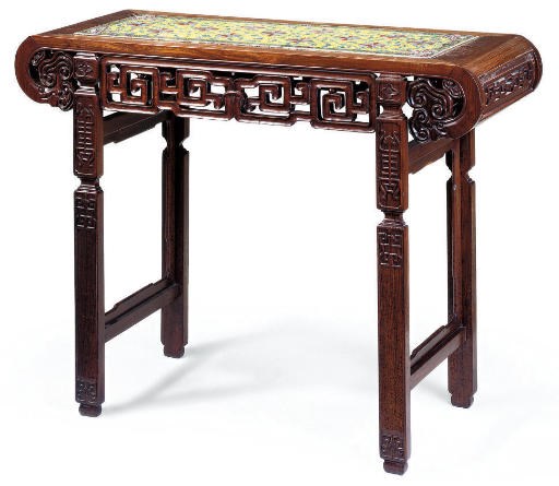 A CHINESE HUANG HUALI AND PORCELAIN ALTAR TABLE