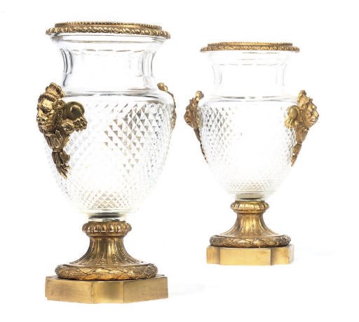 A PAIR OF GILT-BRONZE MOUNTED CUT-GLASS VASES