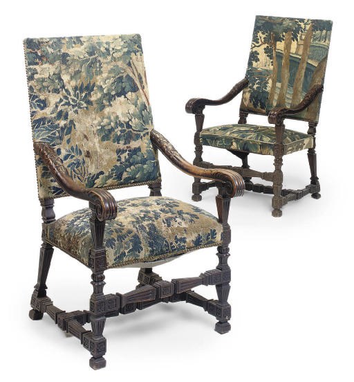 A PAIR OF WALNUT AND VERDURE TAPESTRY UPHOLSTERED ARMCHAIRS
