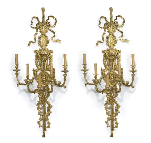 A PAIR OF LARGE GILT-BRONZE FIVE-LIGHT WALL APPLIQUES