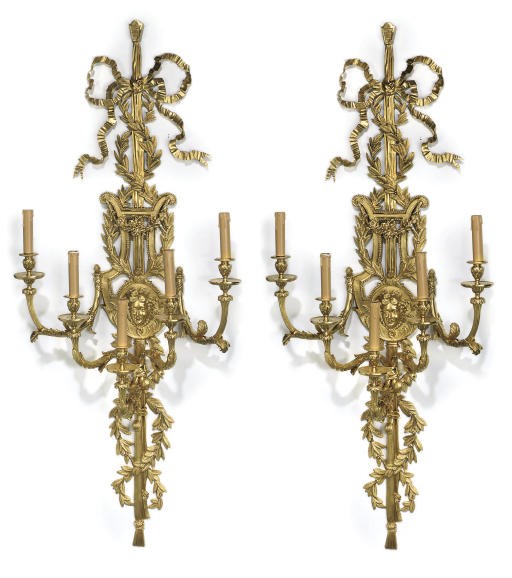A PAIR OF LARGE GILT-BRONZE FIVE-LIGHT WALL APPLIQUES