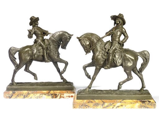 A PAIR OF FRENCH BRONZE EQUESTRIAN GROUPS