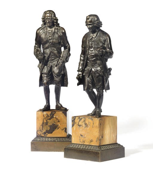 A PAIR OF RESTAURATION BRONZE FIGURES OF VOLTAIRE AND ROUSSEAU