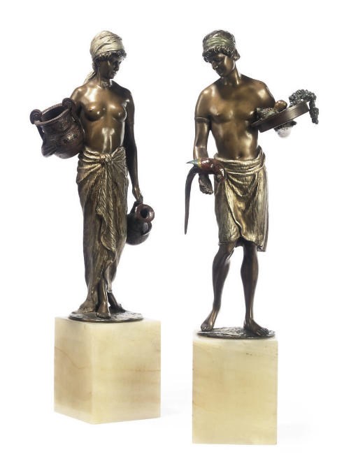 A PAIR OF CONTINENTAL PATINATED AND COLD-PAINTED BRONZE MODELS OF A WATER CARRIER AND FRUIT SELLER