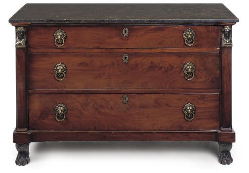A FRENCH EMPIRE GILT BRONZE MOUNTED MAHOGANY COMMODE