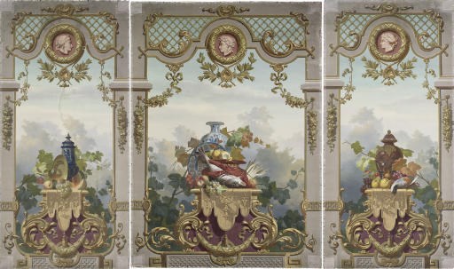 A SET OF THREE FRENCH PAINTED CANVAS PANELS