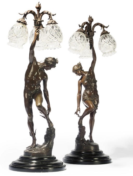 A PAIR OF FRENCH BRONZE FIGURAL TABLE LAMPS