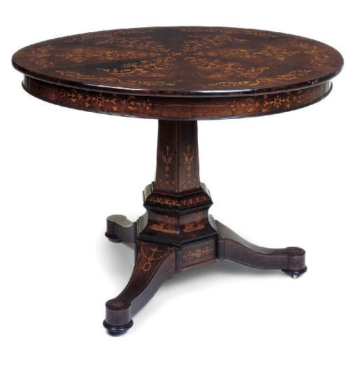 A ROSEWOOD AND MARQUETRY CIRCULAR CENTRE TABLE