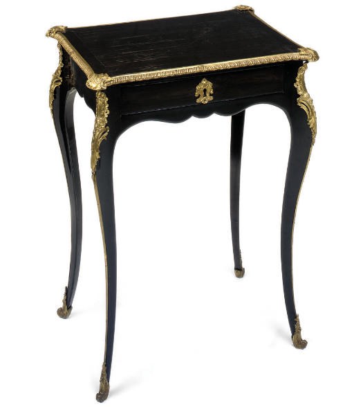 A FRENCH BRASS INLAID EBONY AND GILT-METAL MOUNTED TABLE A ECRIRE