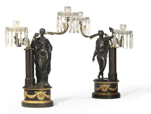A PAIR OF GILT AND PATINATED BRONZE TWIN-LIGHT CANDELABRA