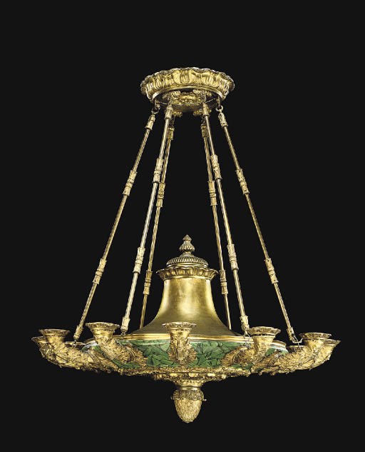 A FRENCH LACQUERED BRONZE AND SIMULATED MALACHITE TWELVE-LIGHT CHANDELIER