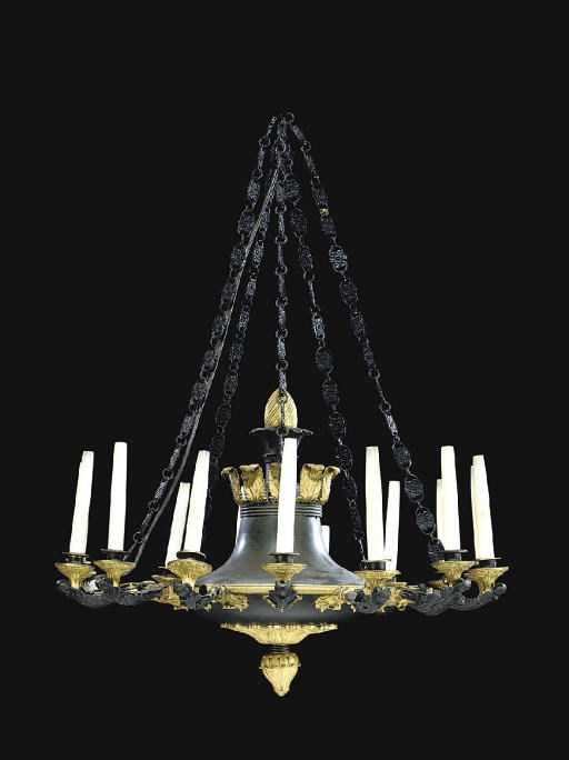 AN EMPIRE ORMOLU AND BRONZE FIFTEEN-BRANCH CHANDELIER