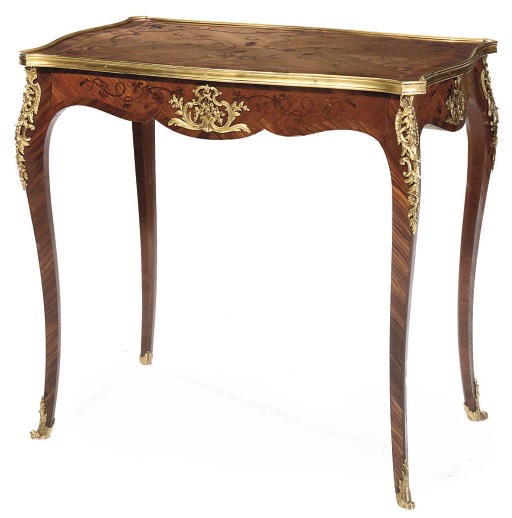 A NAPOLEON III ORMOLU MOUNTED KINGWOOD PURPLEHEART AND MARQUETRY SERPENTINE CENTRE TABLE