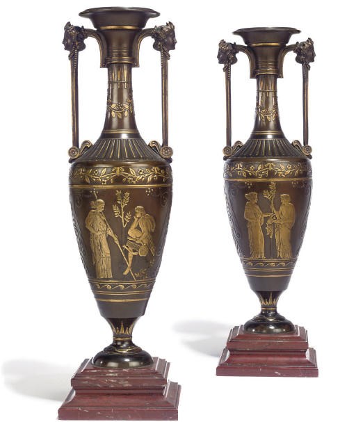 A PAIR OF FRENCH NEO-GREC PARCEL-GILT BRONZE VASES