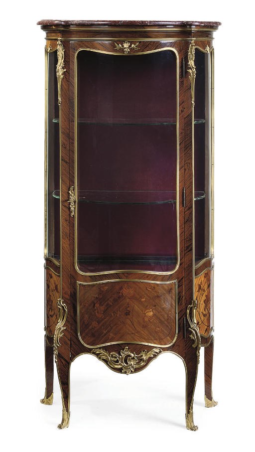 A FRENCH GILT-METAL MOUNTED KINGWOOD AND MARQUETRY SERPENTINE VITRINE