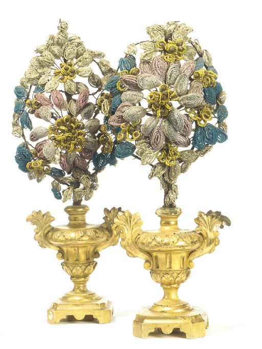 A PAIR OF SICILIAN BEADWORK AND GILTWOOD ORNAMENTAL URNS