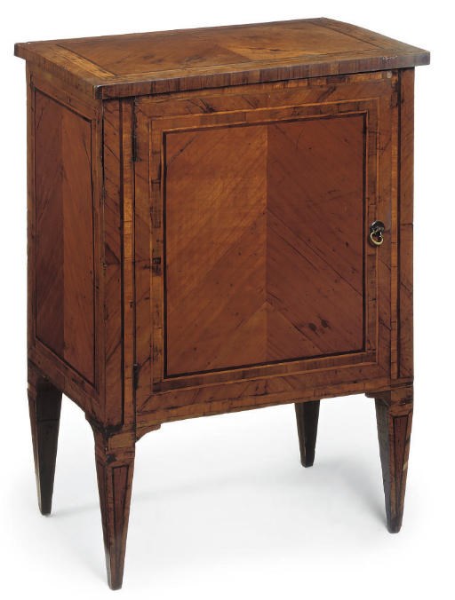 A NORTH ITALIAN WALNUT, FRUITWOOD AND CROSSBANDED COMMODINO