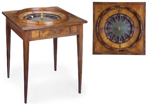 A NORTH ITALIAN WALNUT, SYCAMORE AND POLYCHROME DECORATED ROULETTE TABLE