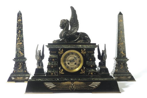A FRENCH VARIGATED AND BLACK MARBLE MANTEL CLOCK AND GARNITURE