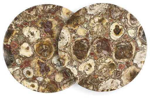 A PAIR OF FOSSILISED WOOD AND SCAGLIOLA TABLE TOPS