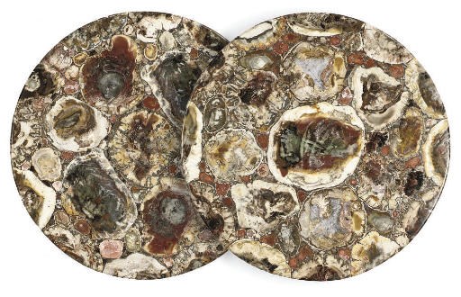 A PAIR OF FOSSILISED WOOD AND SCAGLIOLA TABLE TOPS