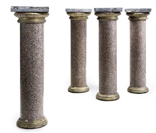 A SET OF FOUR PINK GRANITE PEDESTAL COLUMNS