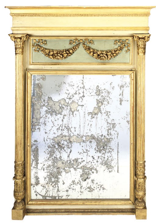 AN ITALIAN EMPIRE CREAM AND BLUE PAINTED AND PARCEL GILT MIRROR