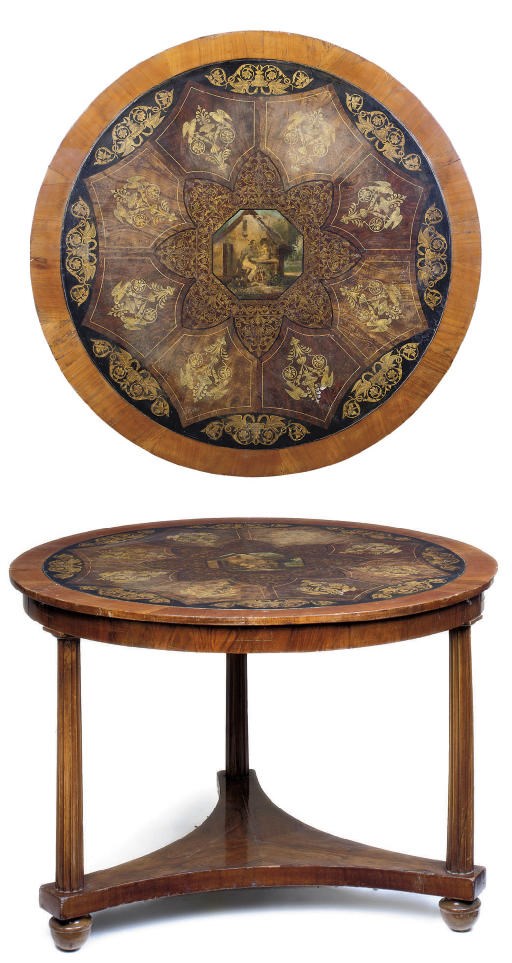 AN ITALIAN WALNUT AND PAINTED CIRCULAR CENTRE TABLE