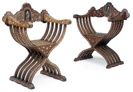 A MATCHED PAIR OF NORTH ITALIAN WALNUT, BONE AND METAL INLAID SAVONAROLA CHAIRS